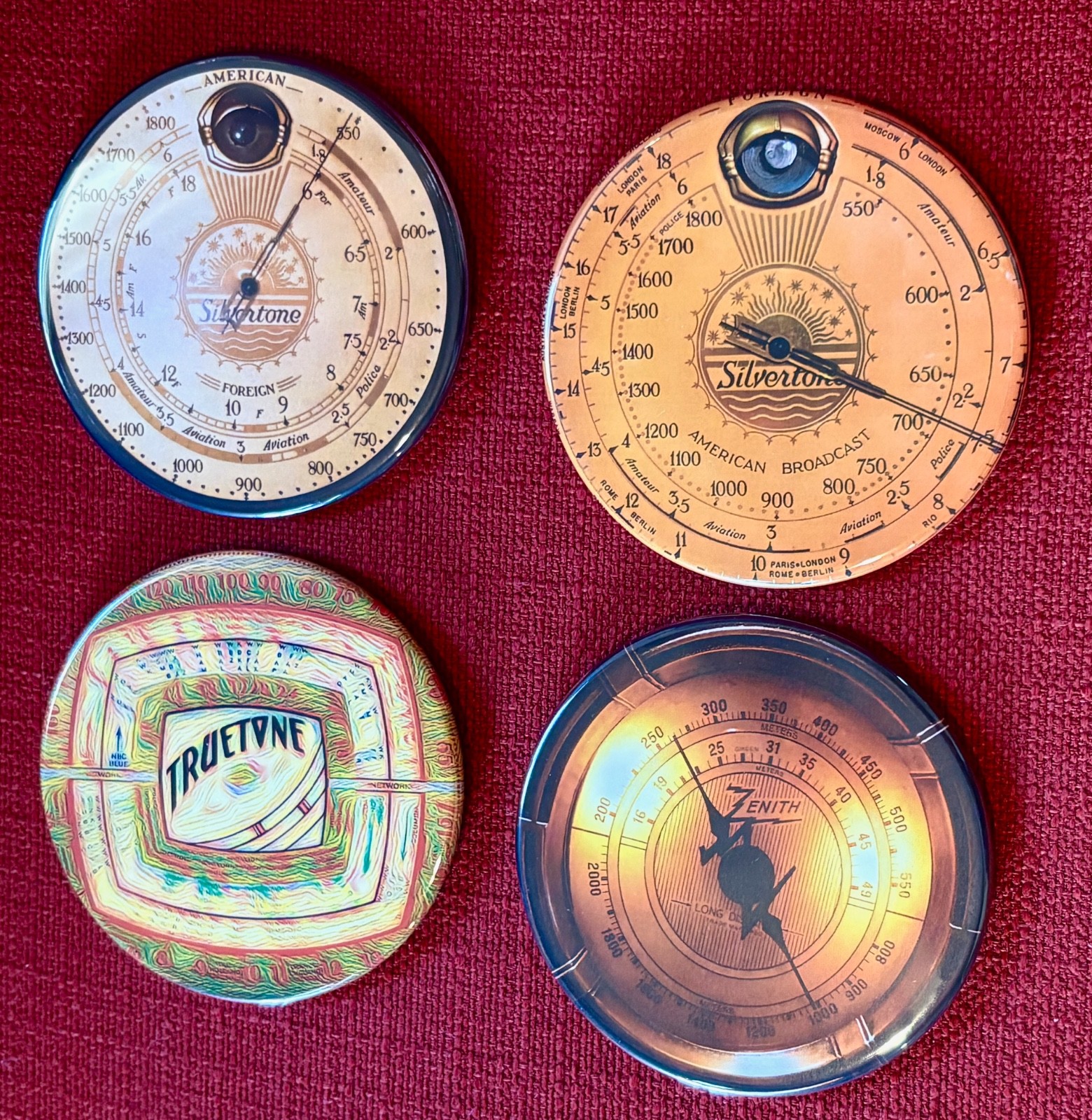 NEW Set of 4 Drink Coasters with 4 Vintage Radio Dial Designs ~ Cork Backs