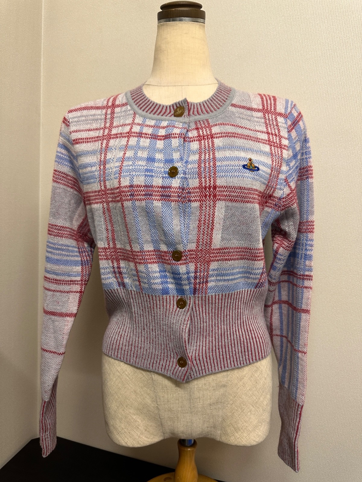Vivienne Westwood Women Plaid Knit Cardigan Orb Logo Red Blue Gray