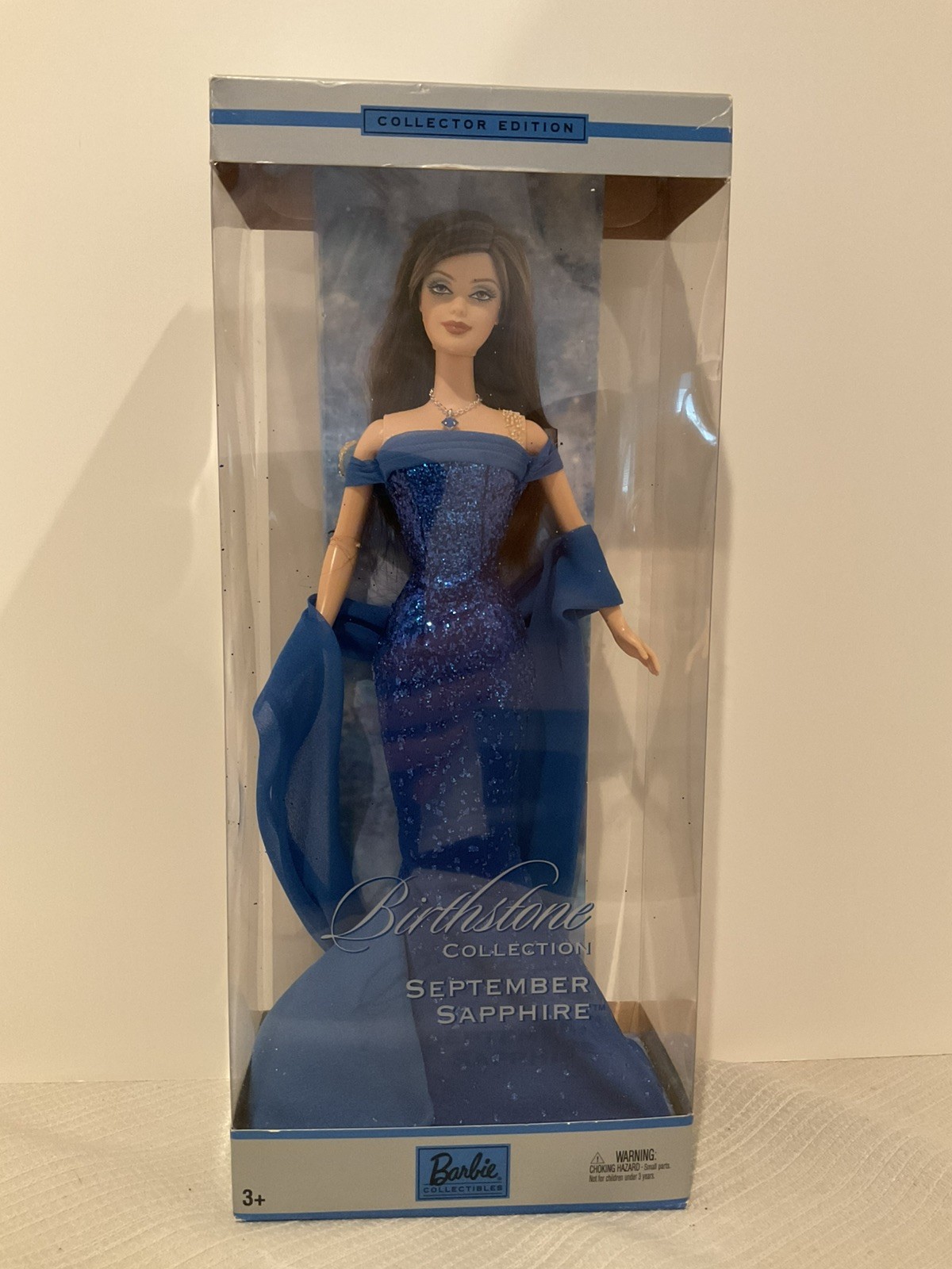 September Sapphire Birthstone Collection BRUNETTE Barbie Doll 2002 Mattel.Damage