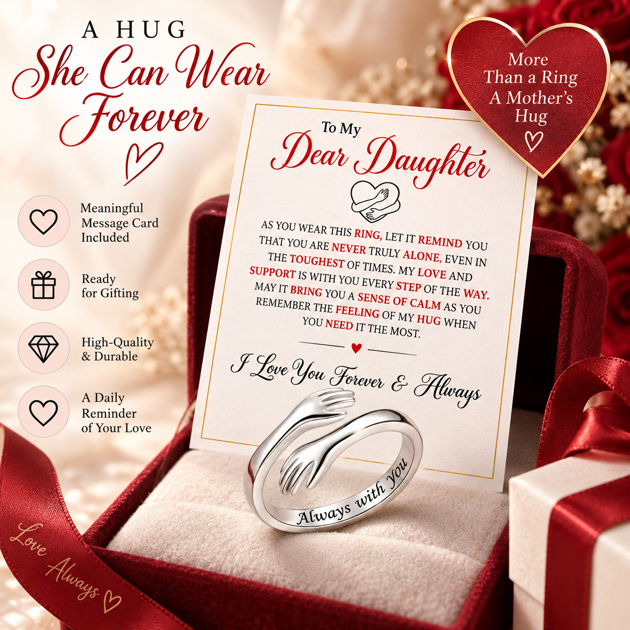 To My Daughter Hug Ring For Hope Rings, Inspirational Stainless Steel Engarved W