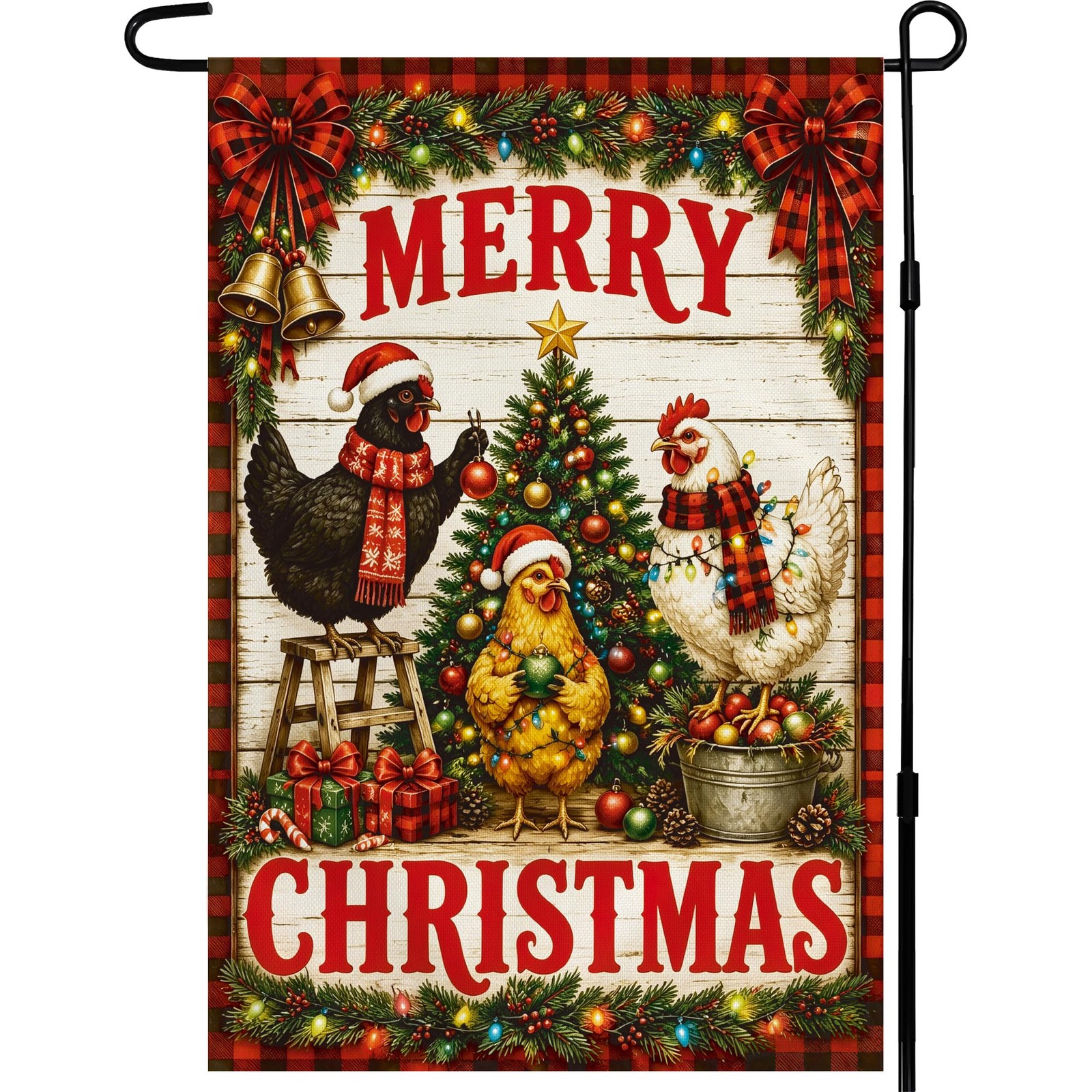 Christmas Decorations - Farmhouse Chickens Merry Christmas Garden Flag Christmas Decorations - Farmhouse Chickens Merry Christmas Garden Flag