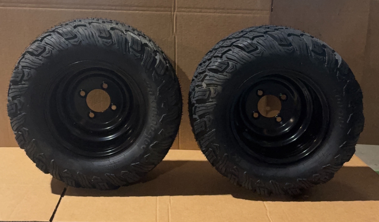 Set of 2 Husqvarna 22x10-10 Tires 4 Bolt ZTR Mower Black Rim Wheel Assembly Pair