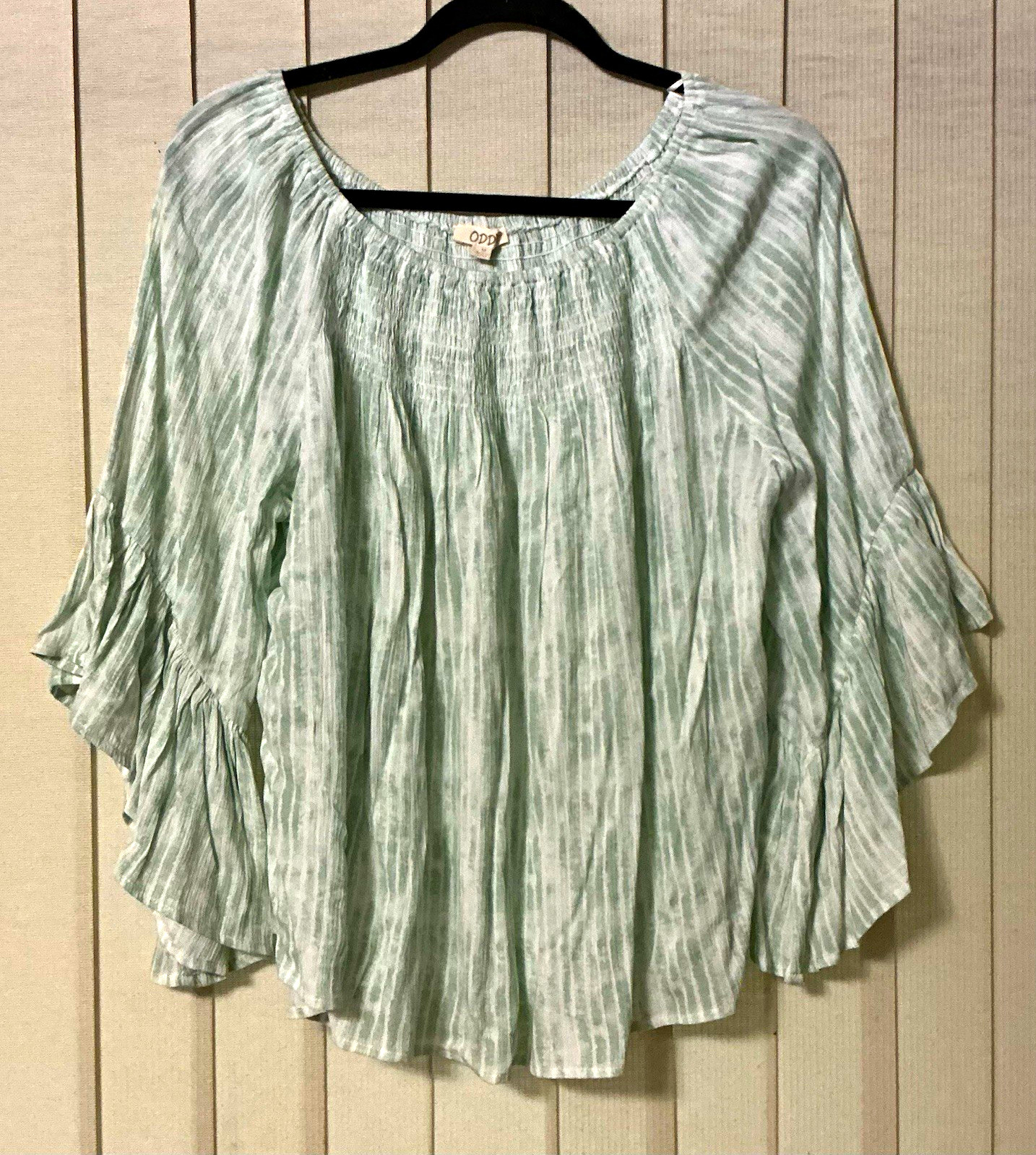 Oddi Women’s M Mint & White Striped Smocked Square Neck Bell Sleeve Rayon Boho Oddi Women’s M Mint & White Striped Smocked Square Neck Bell Sleeve Rayon Boho