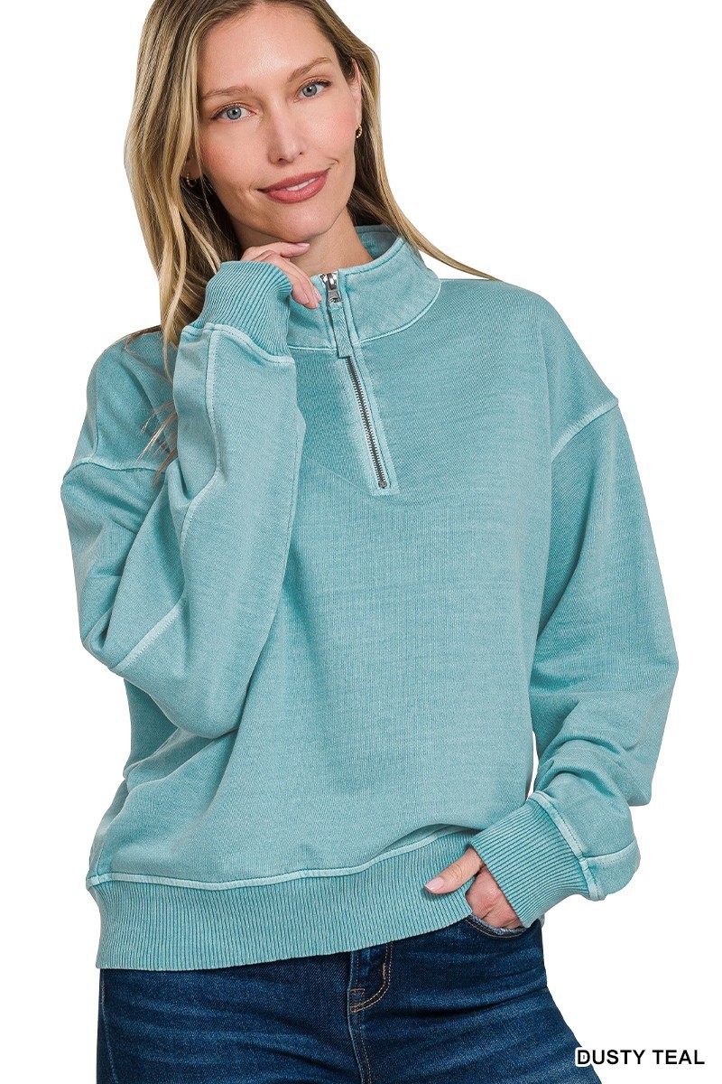 ZENANA DUSTY TEAL FRENCH TERRY PIGMENT DYE & ENZYEM WHSHING HALF ZIP PULLOVER