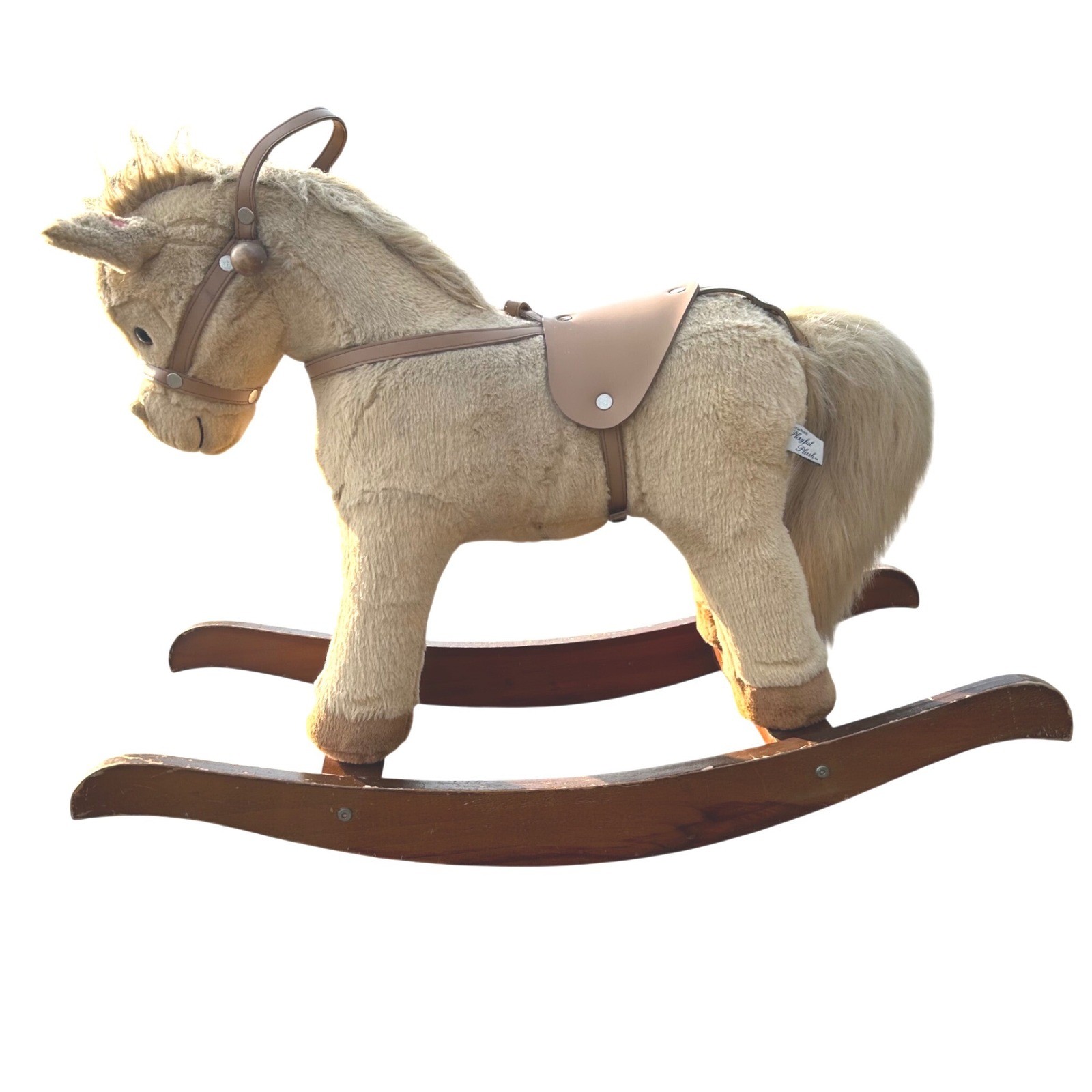 Vintage 1996 Chrisha Playful Plush Rocking Horse Tan Wood Base Sounds Toy