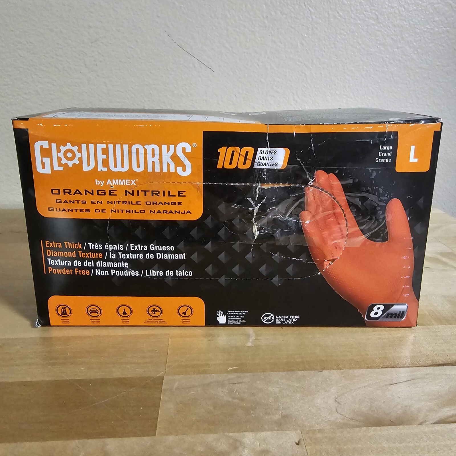 100 Large Nitrile Gloves HEAVY DUTY Gloveworks Ammex Orange Powder Free 8.0#6551