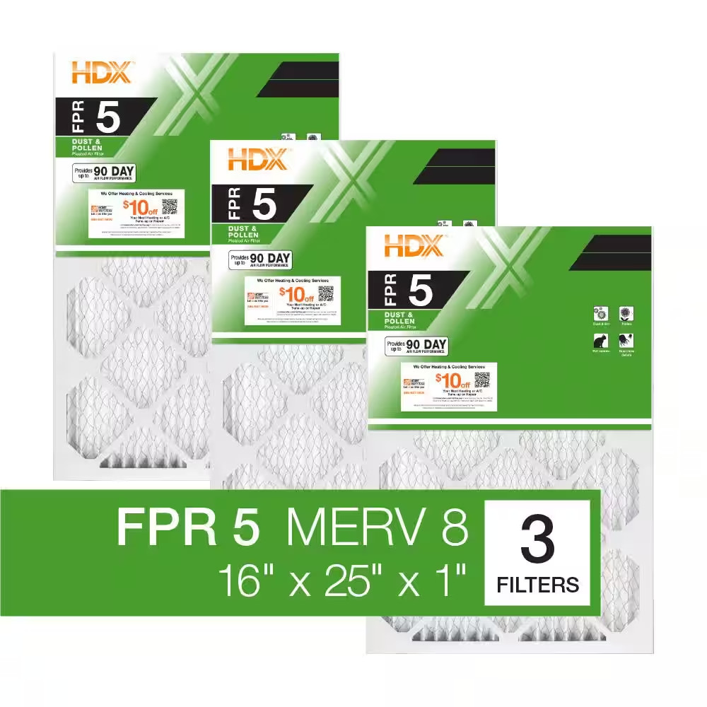 16 x 25 x 1 Standard Pleated Air Filter FPR 5, 3-Pack, Air Filters Replacement