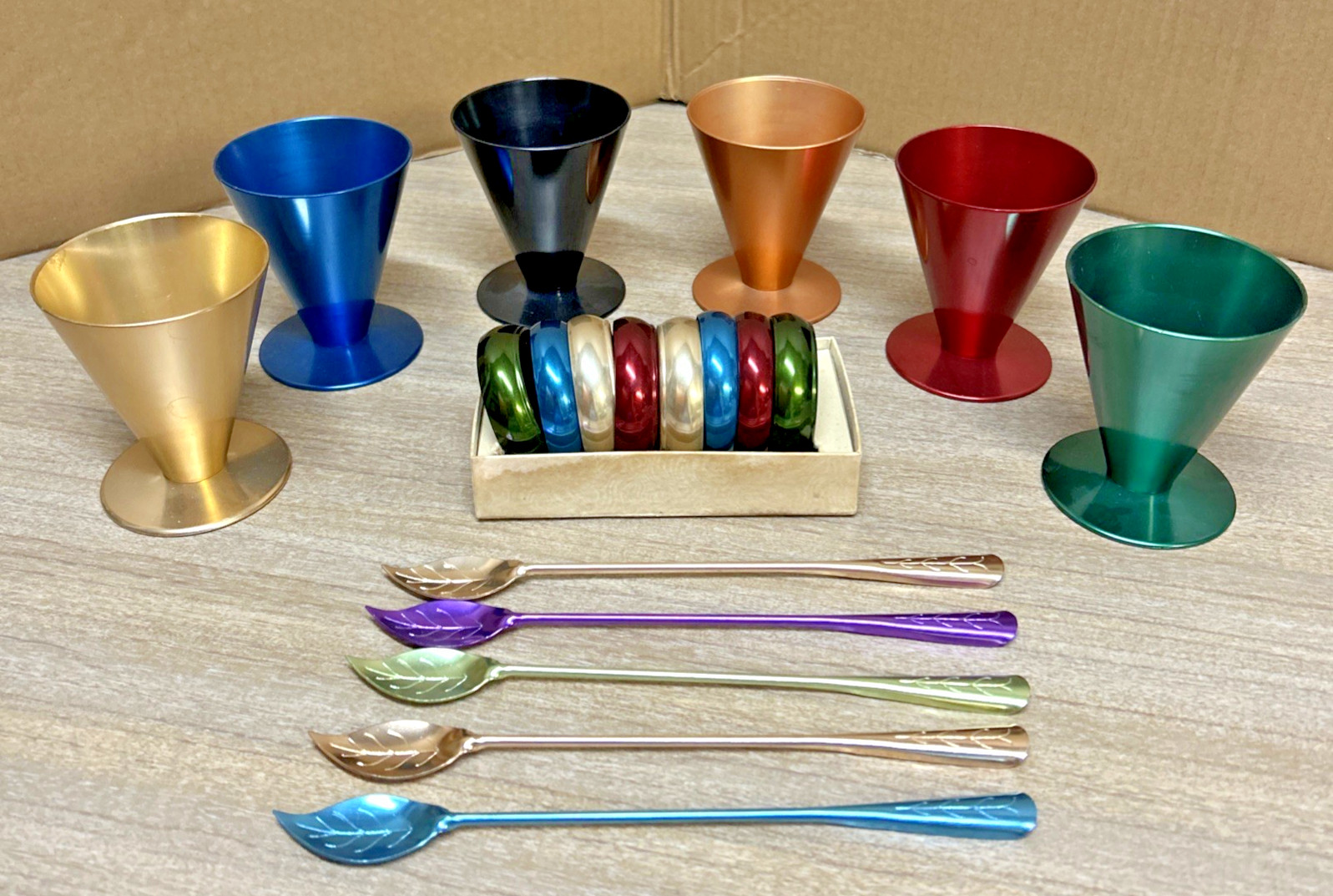 VTG Anodized Aluminum Drink Cone Tumblers, Tall Stirs Spoons, + Retro Bar Ware