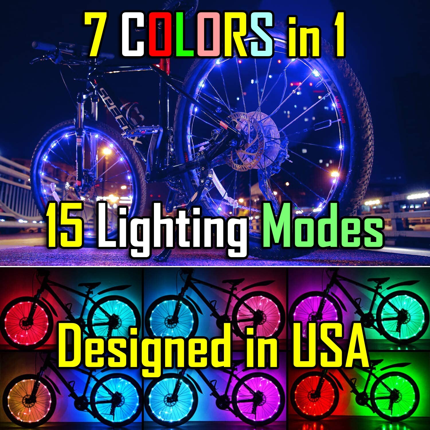 NEW Bicycle Bike Wheel Lights 7 COLORS in 1 LED String Fits any Spoke Rim Tires NEW Bicycle Bike Wheel Lights 7 COLORS in 1 LED String Fits any Spoke Rim Tires