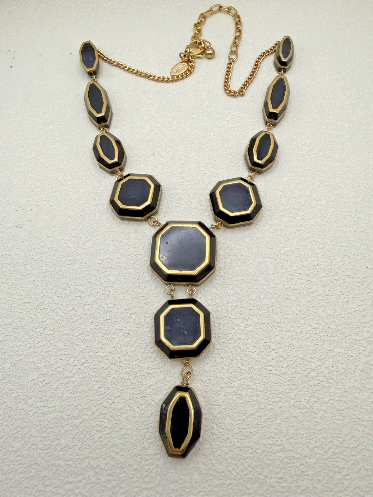 Chico\'s Geometric Necklace Black Gold Drop Art Deco Revival Statement Runway