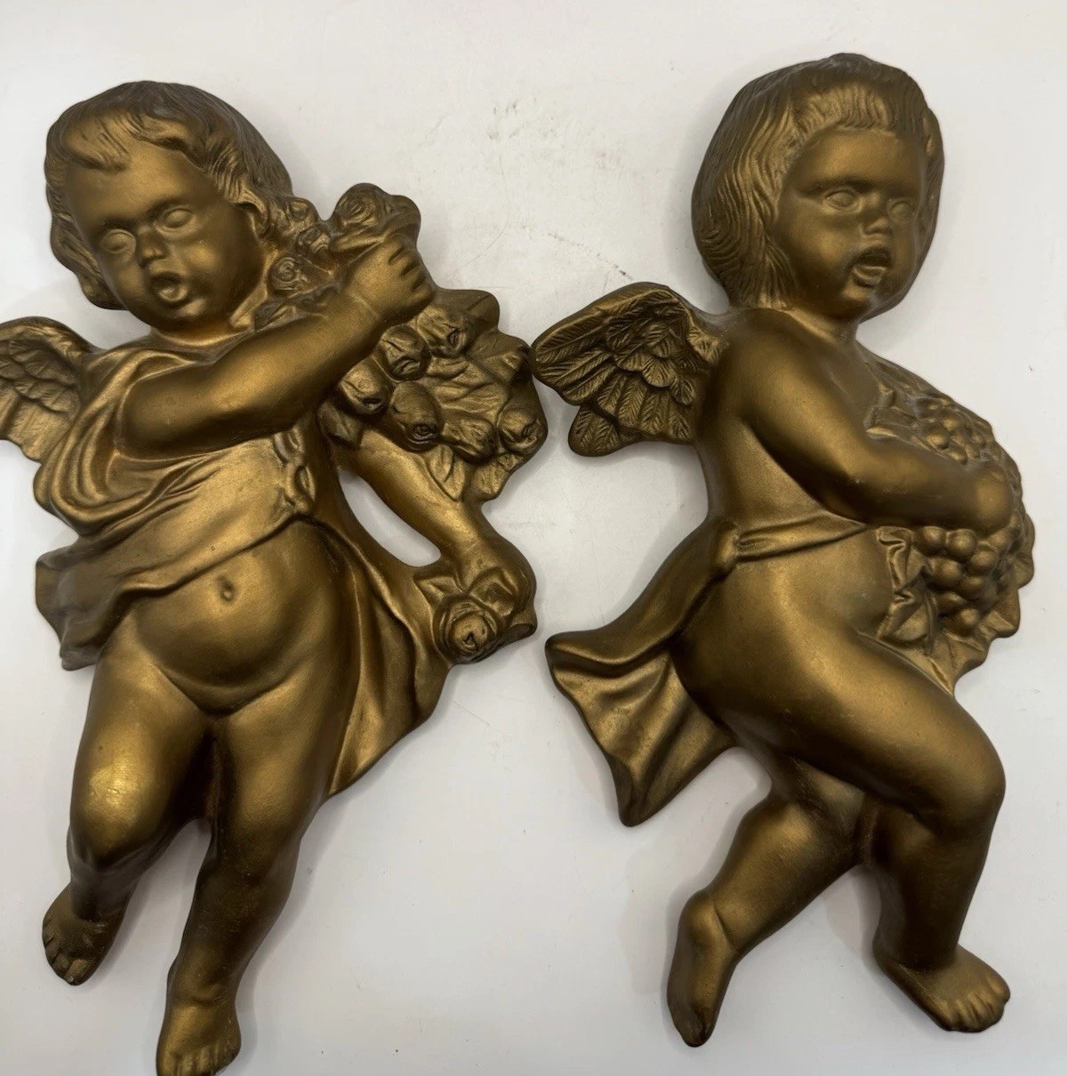 Vintage Gold Cherub Wall Plaques Set 2 Hollywood Regency Baroque Decor