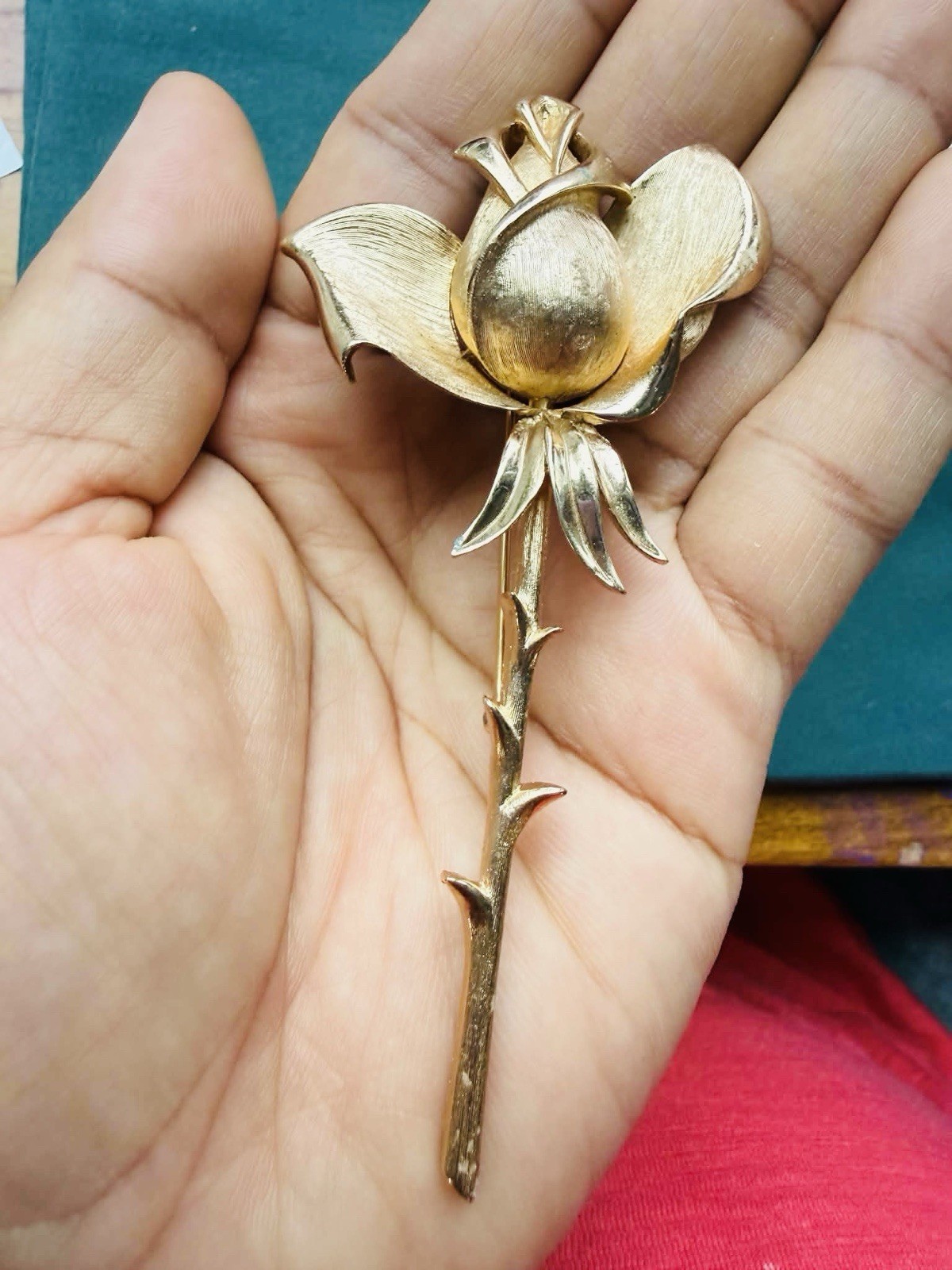 Vtg Signed Crown Trifari Long Stem Rose Thorns Rhodium Gold Tone Brooch Pin