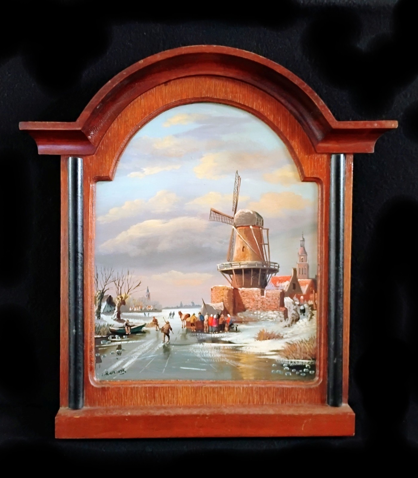 Beautiful Dutch Winter Scene - Windmill, Ice Skating - Oil Painting on Board
