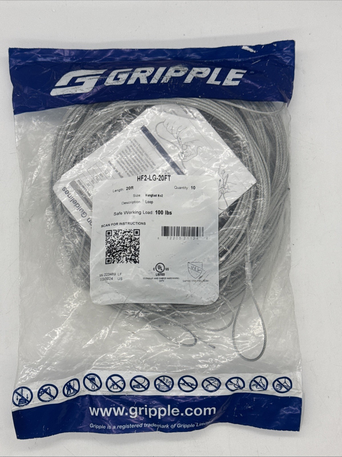Gripple HF2-LG-20FT HangFast No. 2 Loop Cable Hanger 20 Ft 100 lb 10 Pack