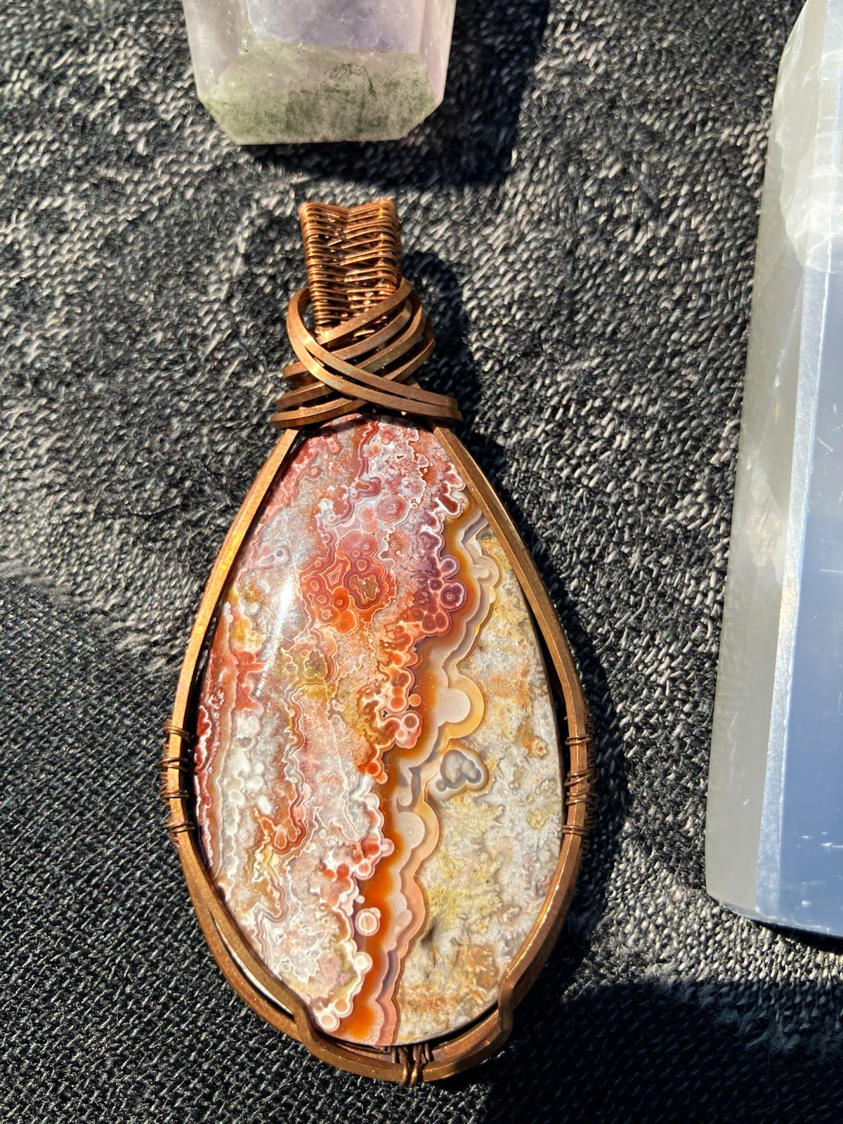 Handmade Crazy Lace Agate Wire Wrapped Copper Pendant 