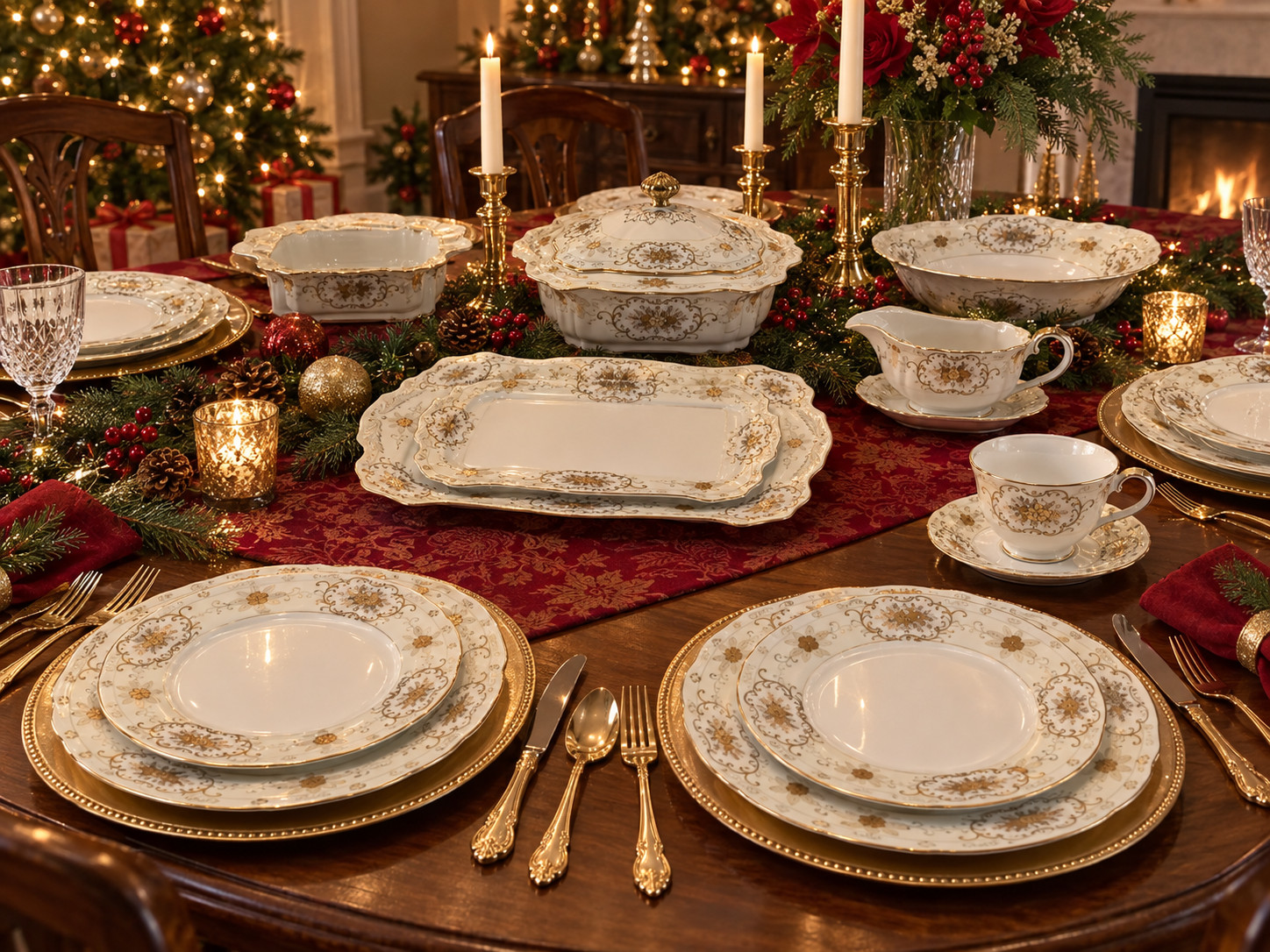 Adline Coronet 65 Pc China Dinnerware Set Gold Floral Scroll Serving Pieces