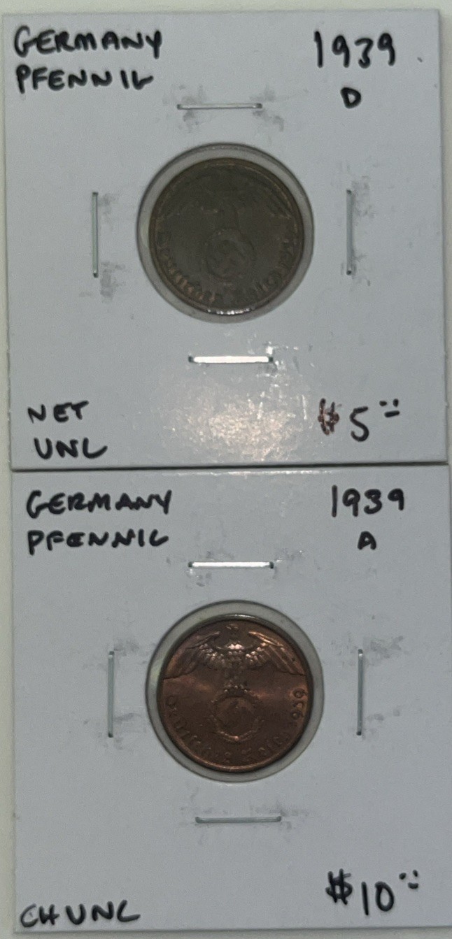 German Third Reich 1 Reichspfennig 1939-D And 1939-A (Lot Of 2) German Third Reich 1 Reichspfennig 1939-D And 1939-A (Lot Of 2)