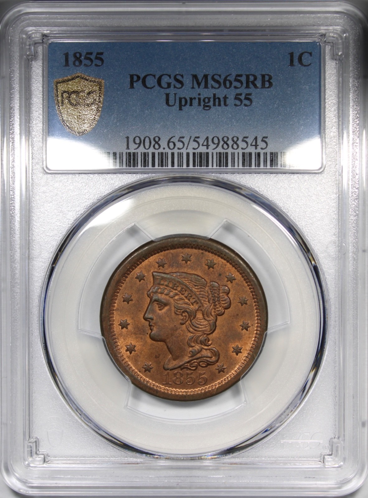 1855 Braided Hair Large Cent PCGS MS65RB Upright 55