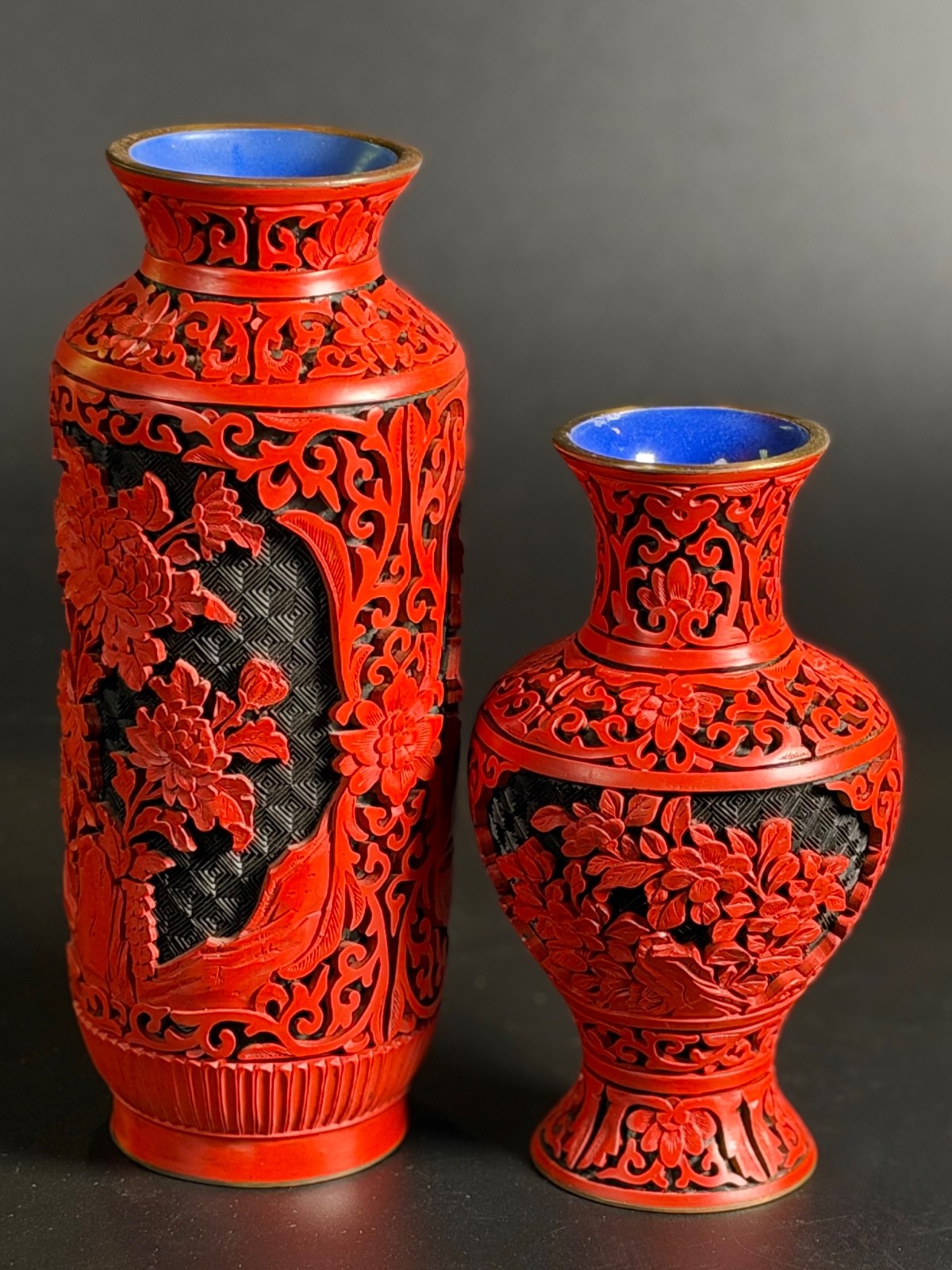 Pair of Red and Black Chinese Cinnabar-Style lacquerware Carved Vases