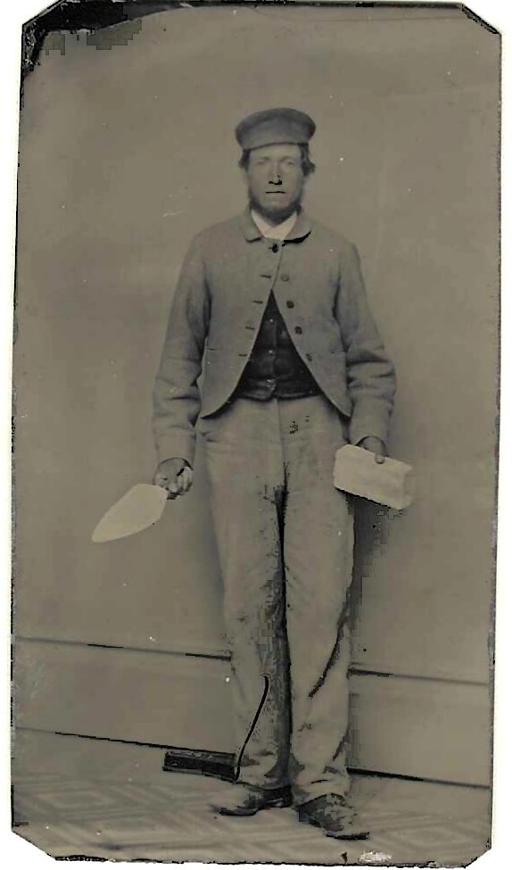 Sixth Plate Occupational Tintype of a Bricklayer with Trowel & Brick in Hand