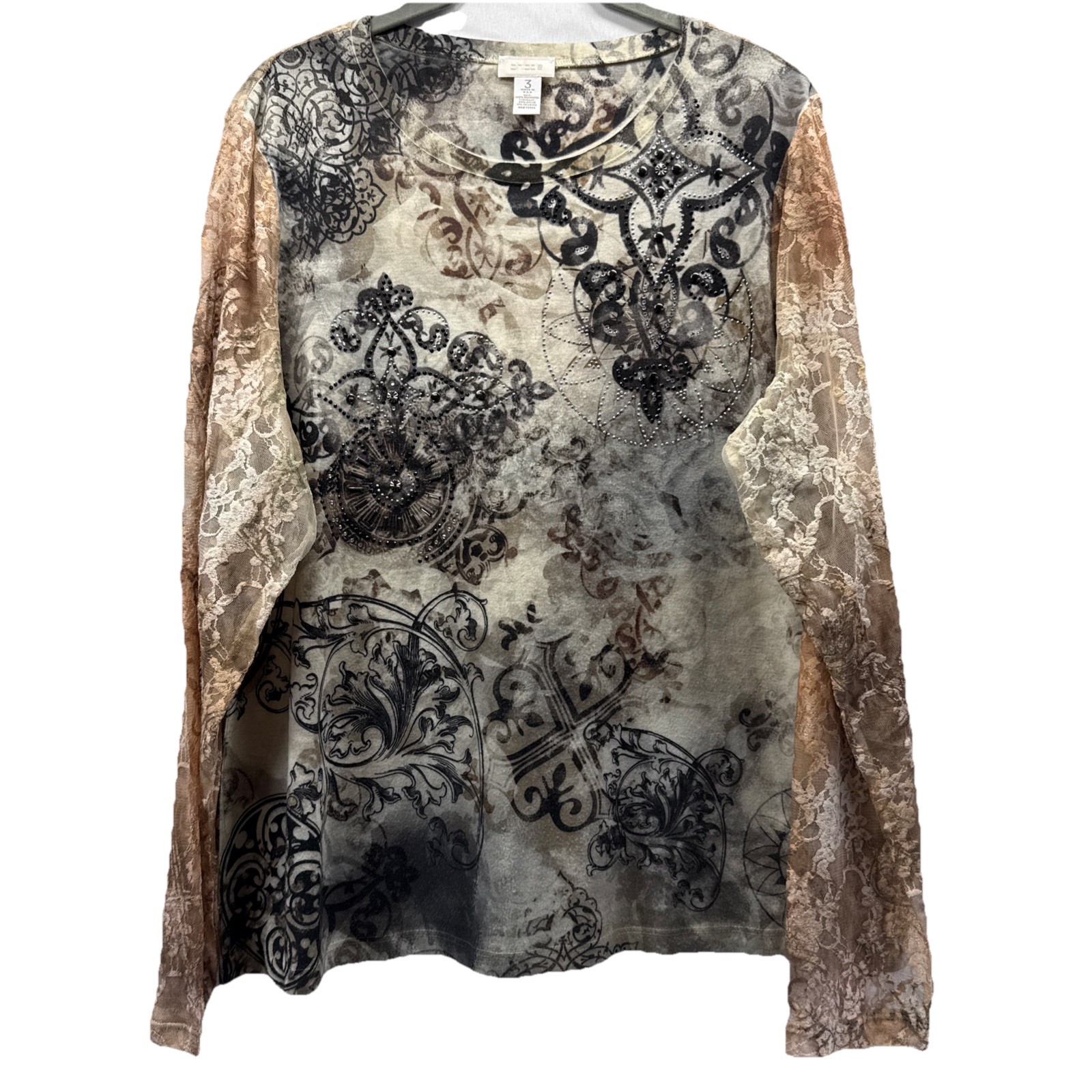 Chicos Womens Top Size XL Black Brown Paisley Dark Long Sleeves Pullover Stretch