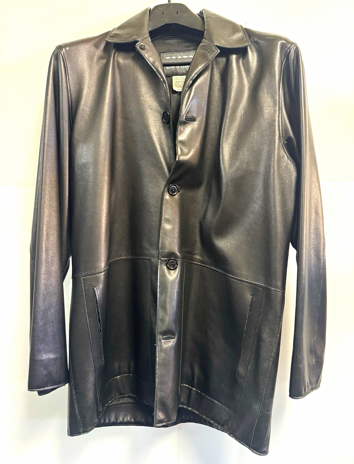 Vintage Roots Canada Mens Black Leather Car Coat Jacket Button Up Medium Vintage Roots Canada Mens Black Leather Car Coat Jacket Button Up Medium