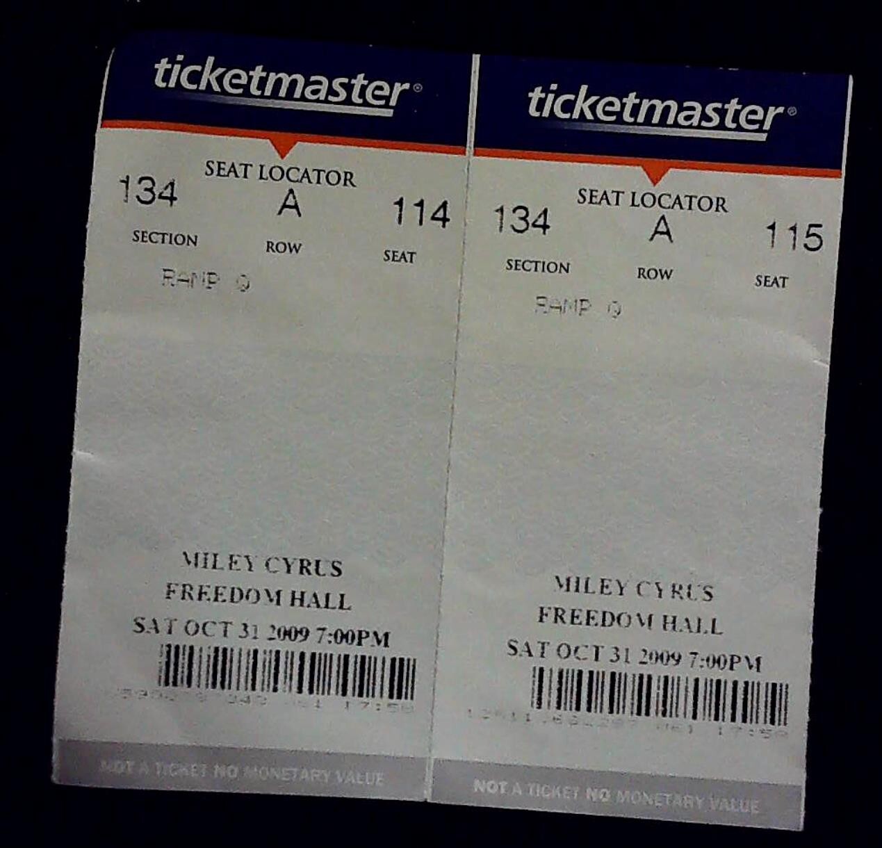 Miley Cyrus Freedom Hall Louisville Concert Ticket Stub Attached Set 10/31/2009