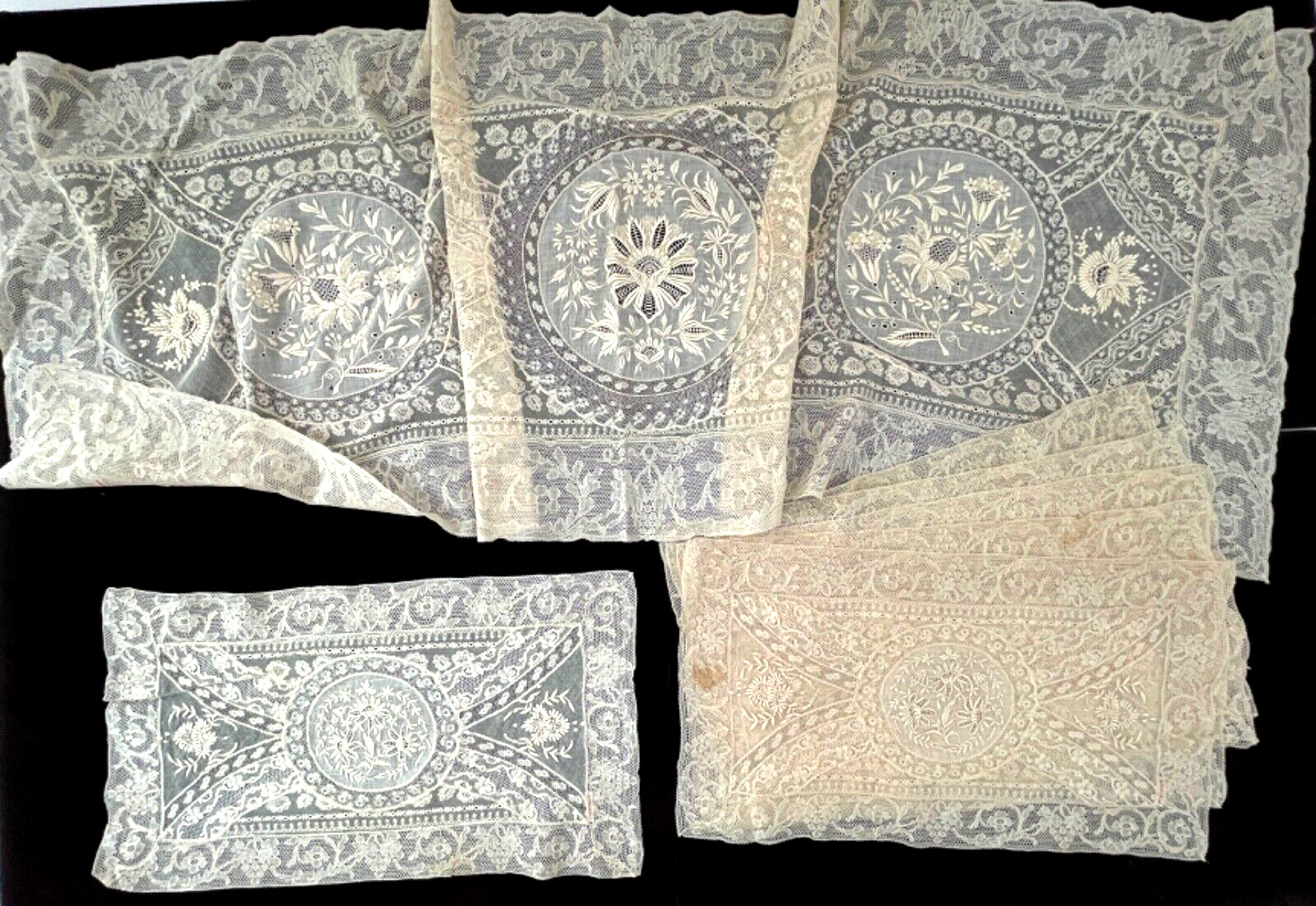 6 Vintage Antique Handmade Normandy Lace Placemats & Runner YY892 6 Vintage Antique Handmade Normandy Lace Placemats & Runner YY892