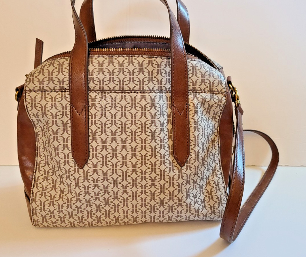 Vintage Fossil Monogram Brown Coated Canvas Leather Satchel Shoulder Bag Purse Vintage Fossil Monogram Brown Coated Canvas Leather Satchel Shoulder Bag Purse