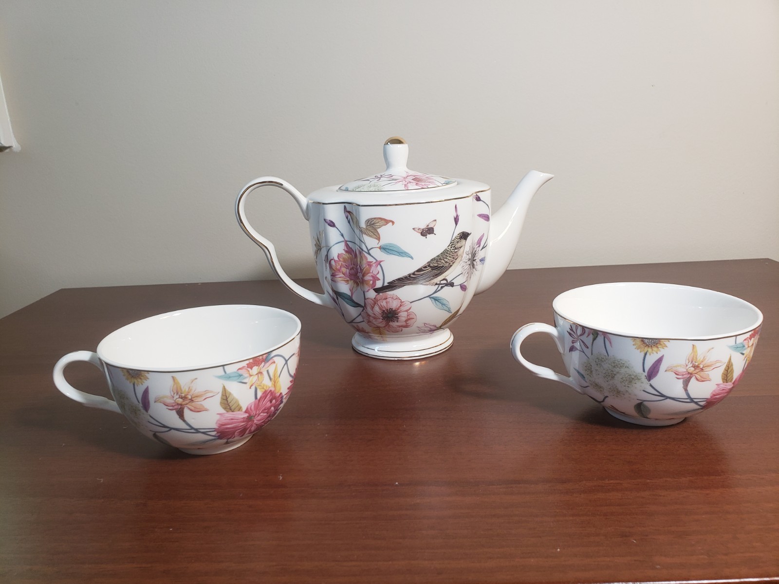 Grace Teaware Porcelain Tea Set Pink Floral & Bird Teapot with 2 Matching Cups