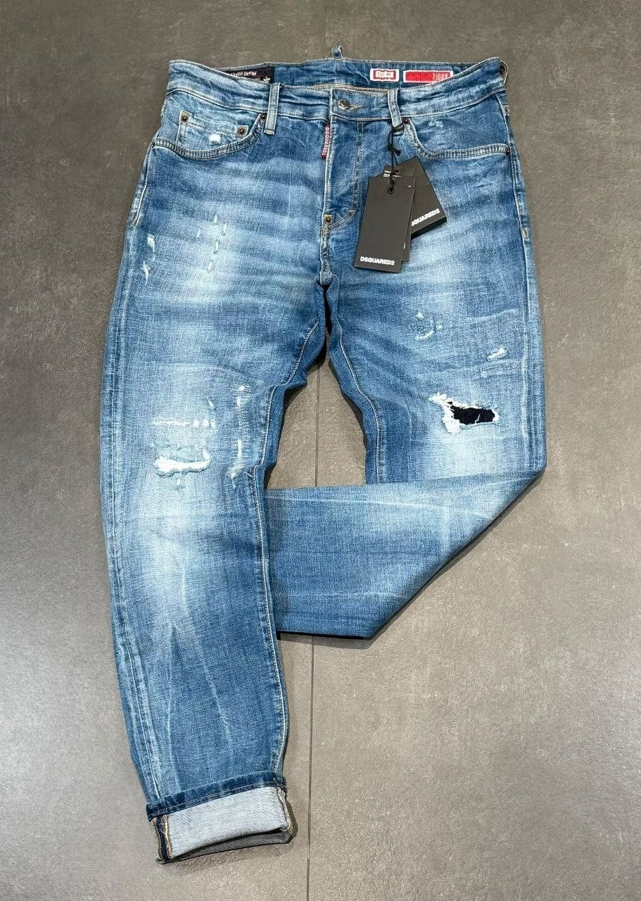 Dsquared2 Slim Fit Men\'s Stretchy Washed Ripped Blue Jeans Dsquared2 Slim Fit Men\'s Stretchy Washed Ripped Blue Jeans