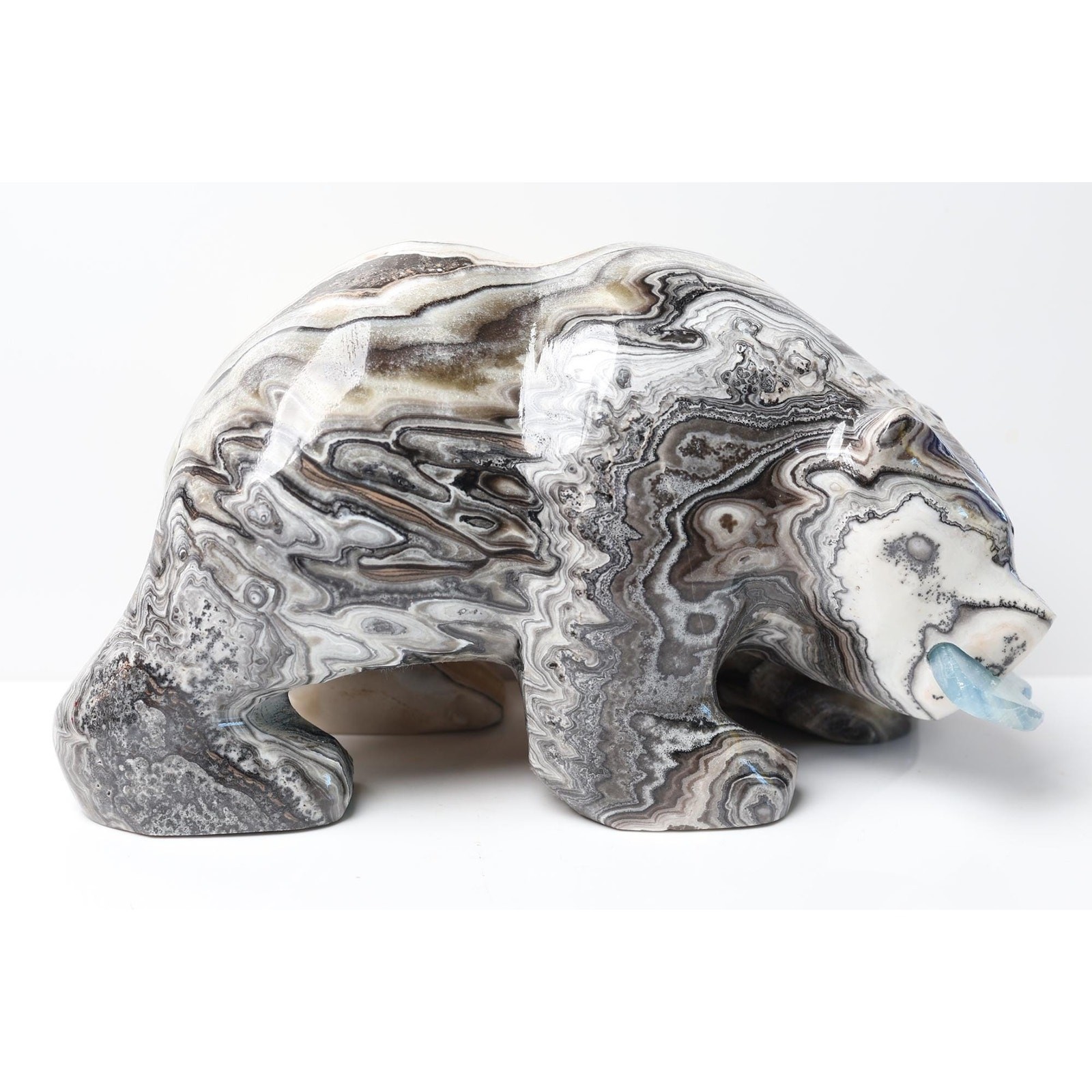 Large 6lb Zebra Onyx Bear Sculpture with Blue Onyx Fish