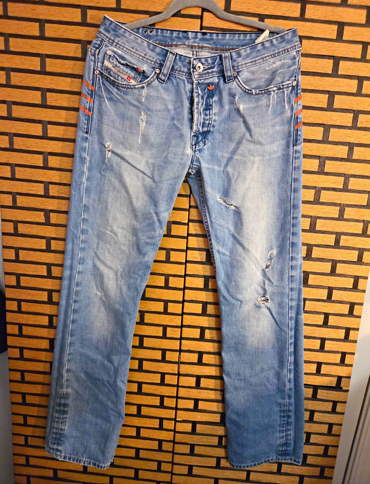 Diesel Men’s Light Wash Blue Denim Jeans Slim Low Rise Straight Adidas Collab