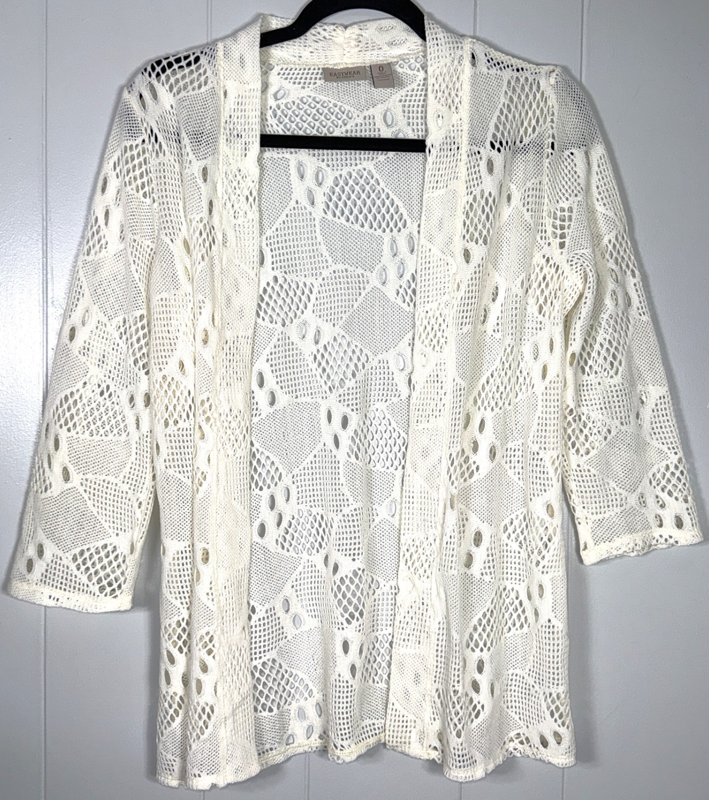 Easywear By Chico\'s Ivory Open Front Crochet Lace Eyelet Cardigan Sweater 0 S/4 Easywear By Chico\'s Ivory Open Front Crochet Lace Eyelet Cardigan Sweater 0 S/4