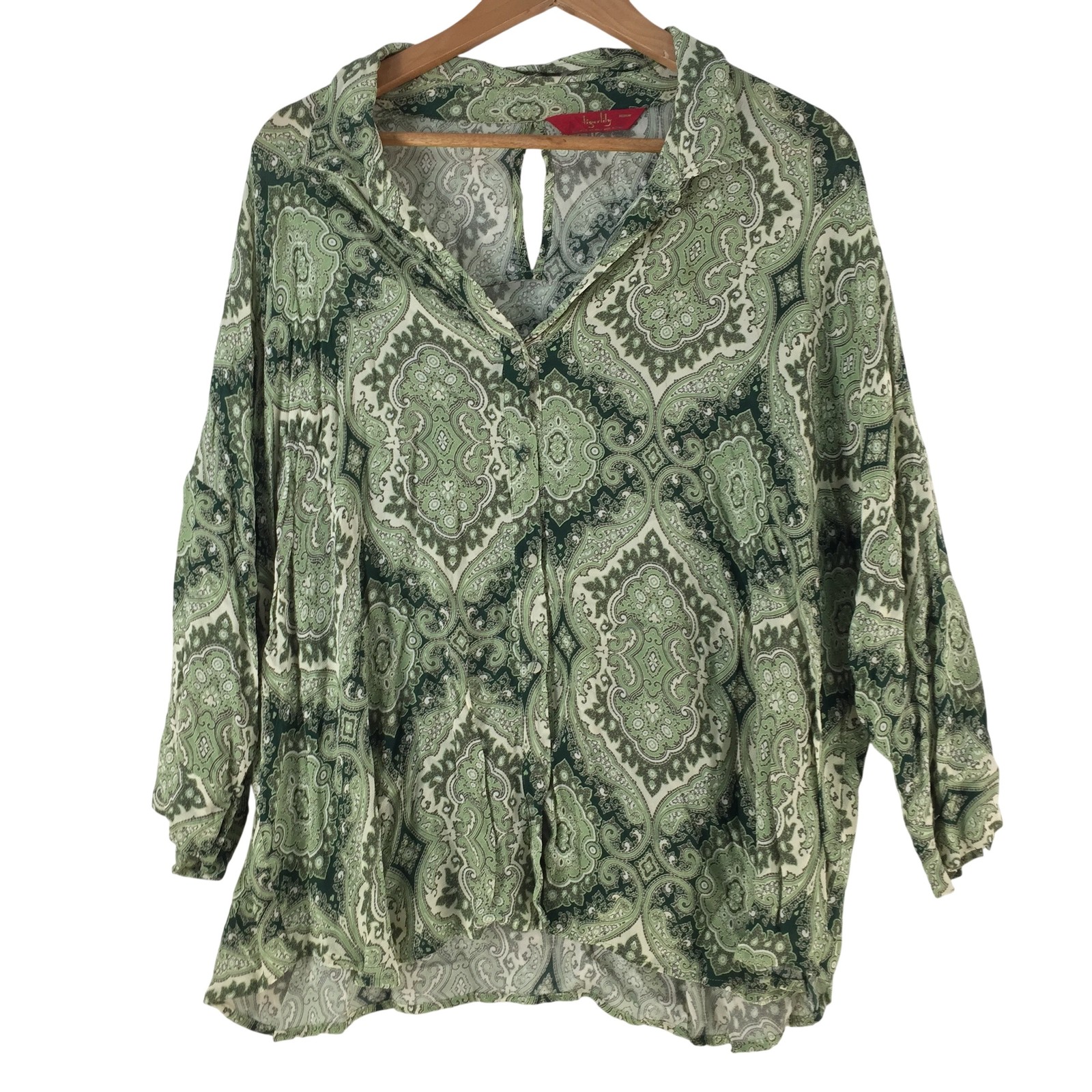 Tigerlily Blouse Womens M Green Viscose Paisley V Neck Relaxed Tunic Boho 144321
