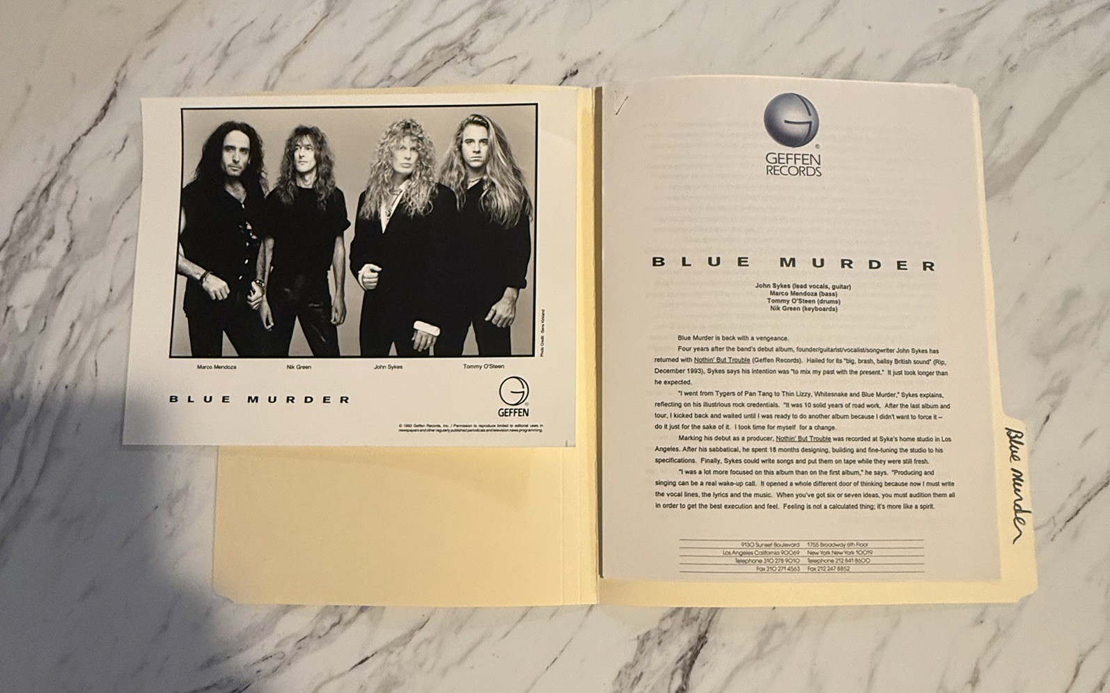 RARE BLUE MURDER PRESS KIT WITH ORIGINAL PROMO PHOTO GEFFEN RECORDS RARE BLUE MURDER PRESS KIT WITH ORIGINAL PROMO PHOTO GEFFEN RECORDS