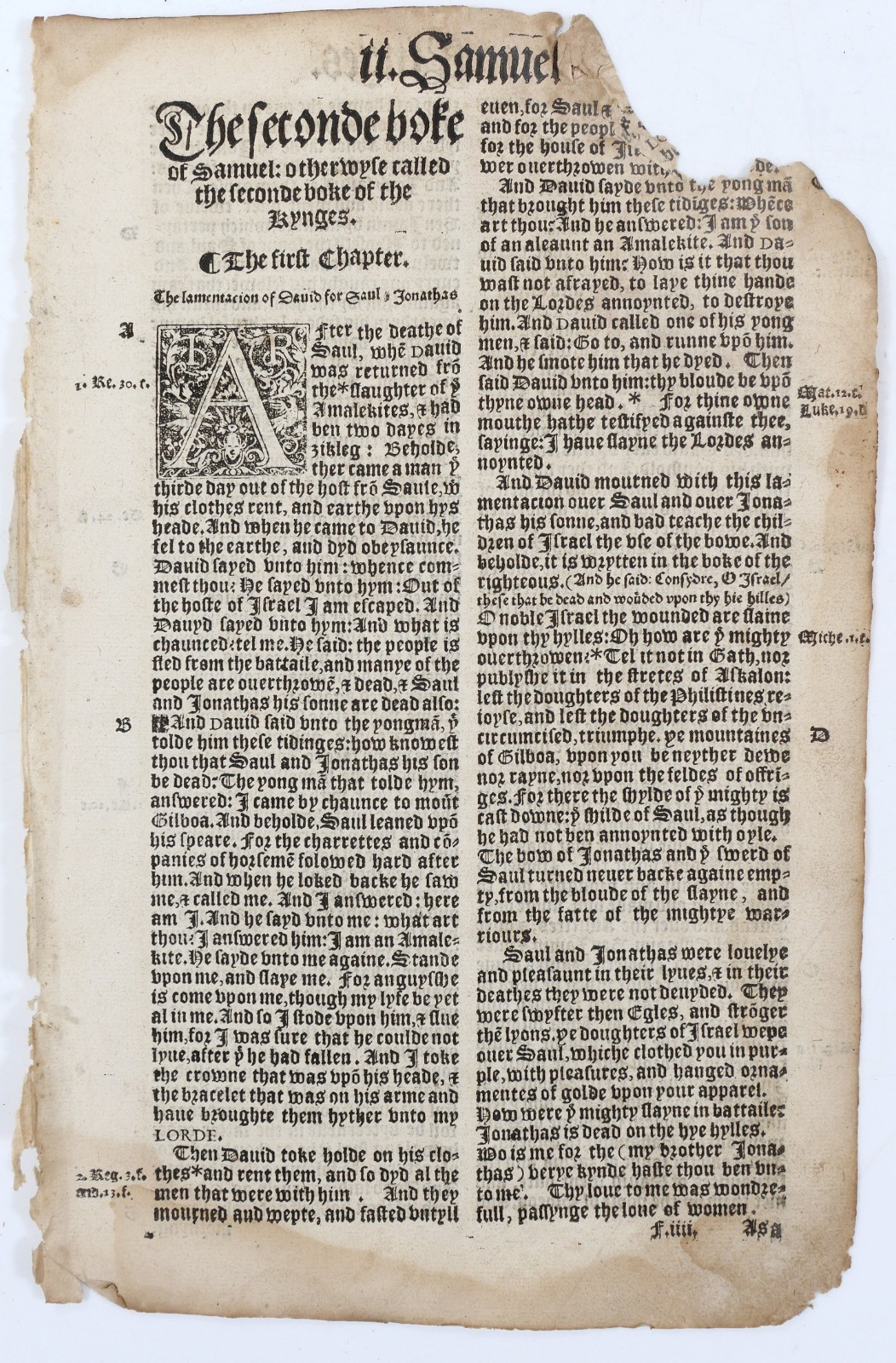 1549 Matthew\'s Bible Leaf 2 Samuel Title 2 Kings John Day Becke STC 2077