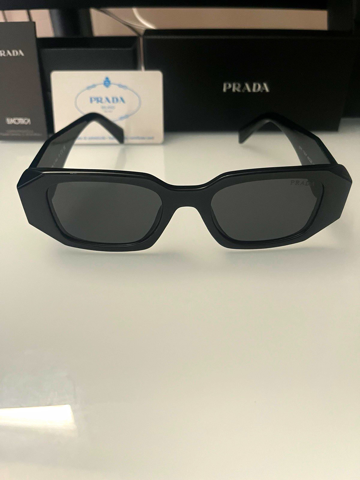 PRADA SPR 17W-F Men\'s Rectangle Sunglasses Black Plastic Frame Gray Lenses PRADA SPR 17W-F Men\'s Rectangle Sunglasses Black Plastic Frame Gray Lenses