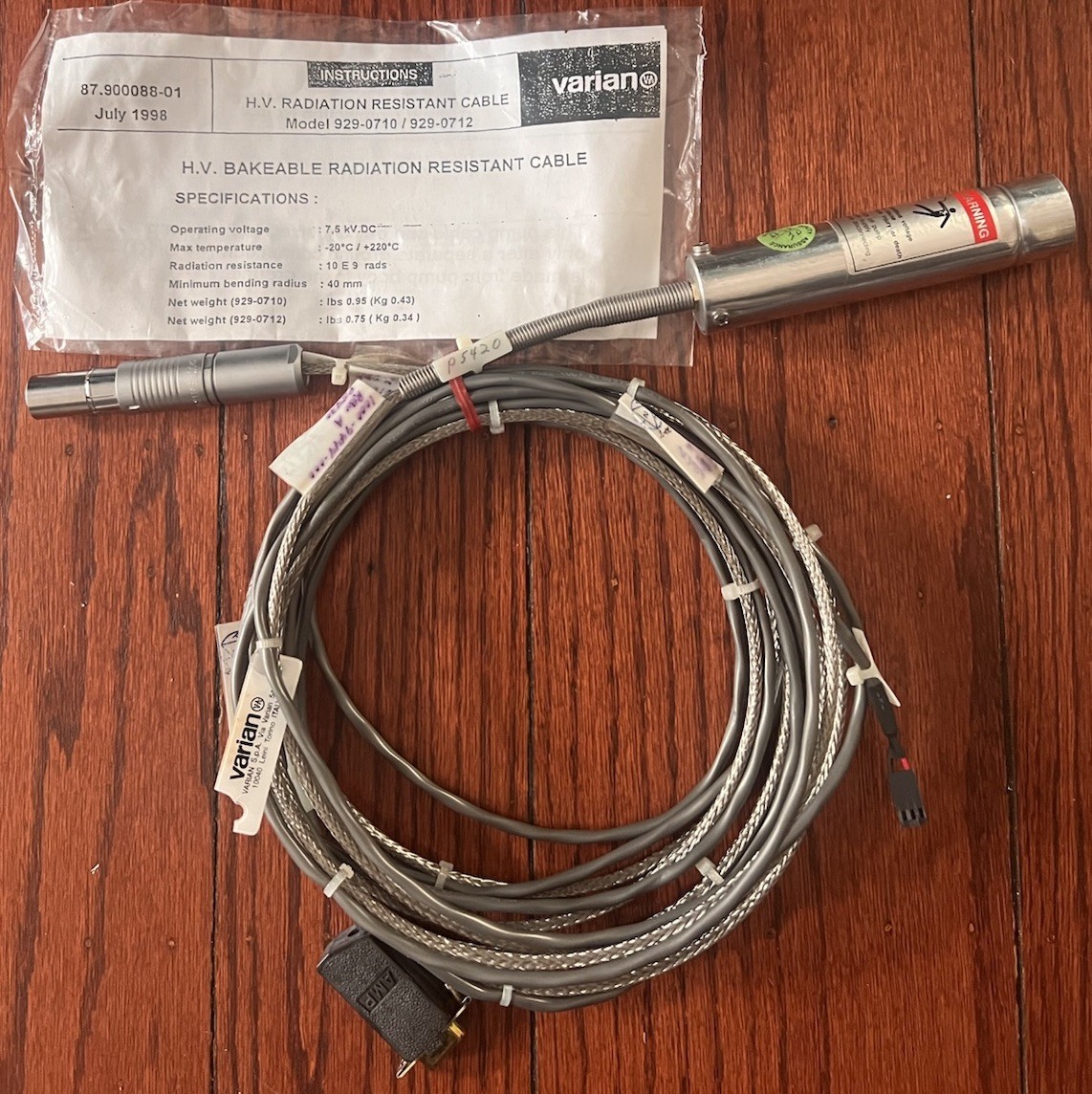 Varian 929-0710 / 929-0712 H.V Radiation Resistant Cable 7.5kV 1000-9444-000