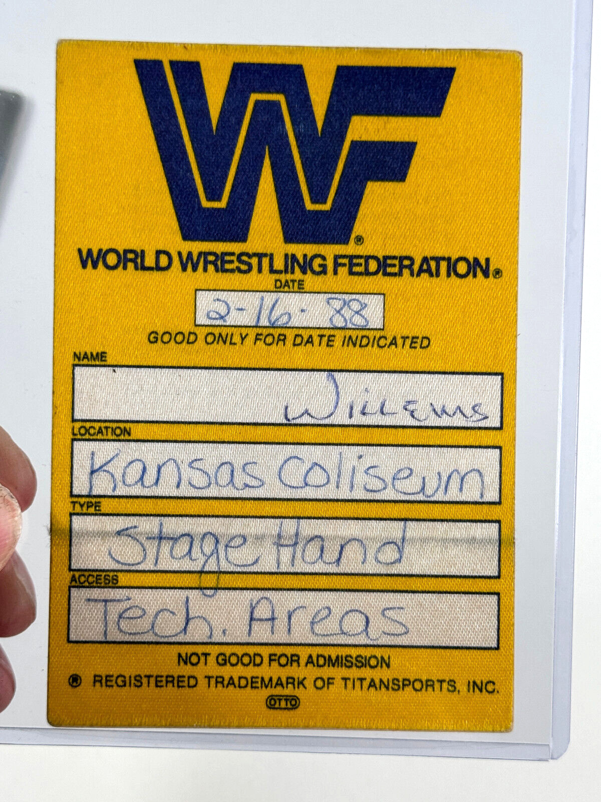 Original WWF WWE 2/16 1988 Wrestling backstage crew tour pass
