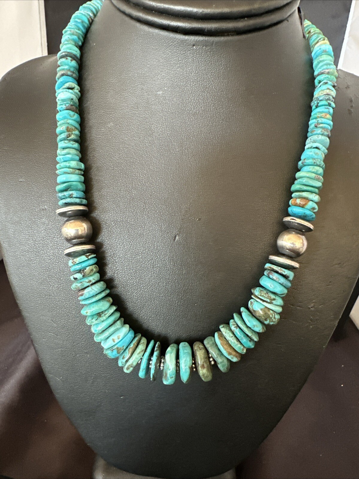 Graduated Blue Turquoise Navajo Pearls Sterling Silver Necklace 18” 18319