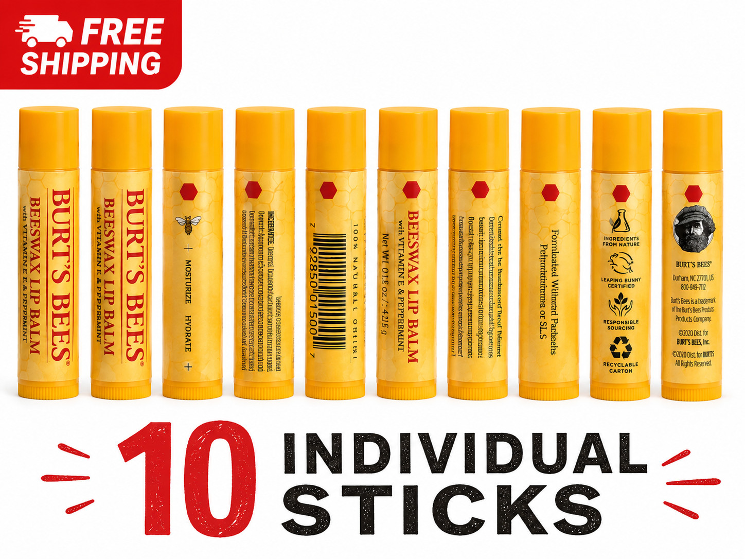 NEW Burts Bees Peppermint Moisturizing Lip Balm 100% Natural LOT OF 10 -FREE S&H