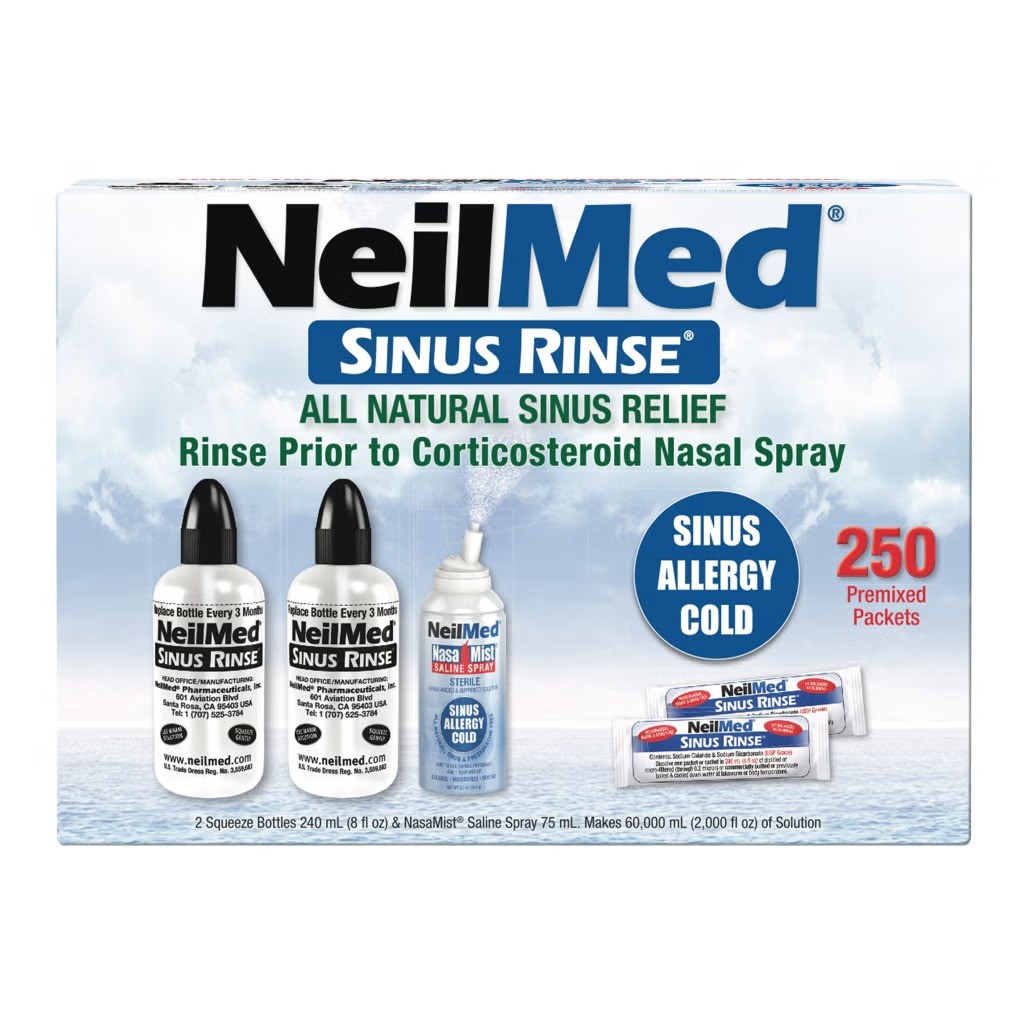 NeilMed Sinus Rinse Kit, 2x8fl oz Bottles, 1 Saline Spray 75mL, 250 Packets