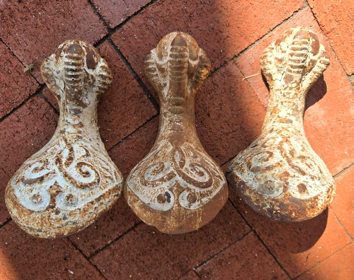 Antique Cast Iron Clawfoot Tub Feet Set of 3 Ornate Victorian Architectural Salv