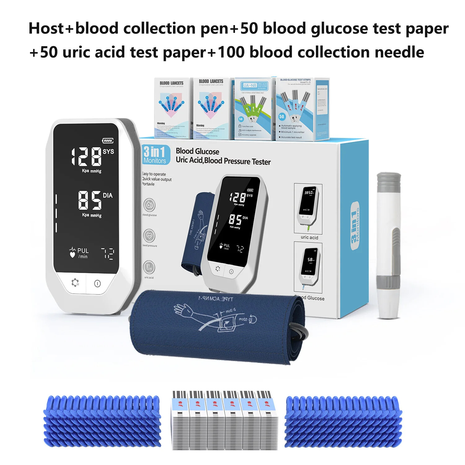 3-in-1 Medical Monitor | Blood Pressure/Glucose/Uric Acid with Big Screen-