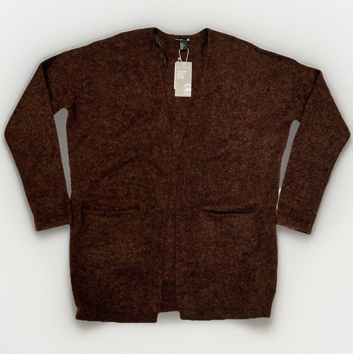H&M Mohair Merino Maxi Open Relaxed Fit Cardigan Pockets Womens M Brown New H&M Mohair Merino Maxi Open Relaxed Fit Cardigan Pockets Womens M Brown New