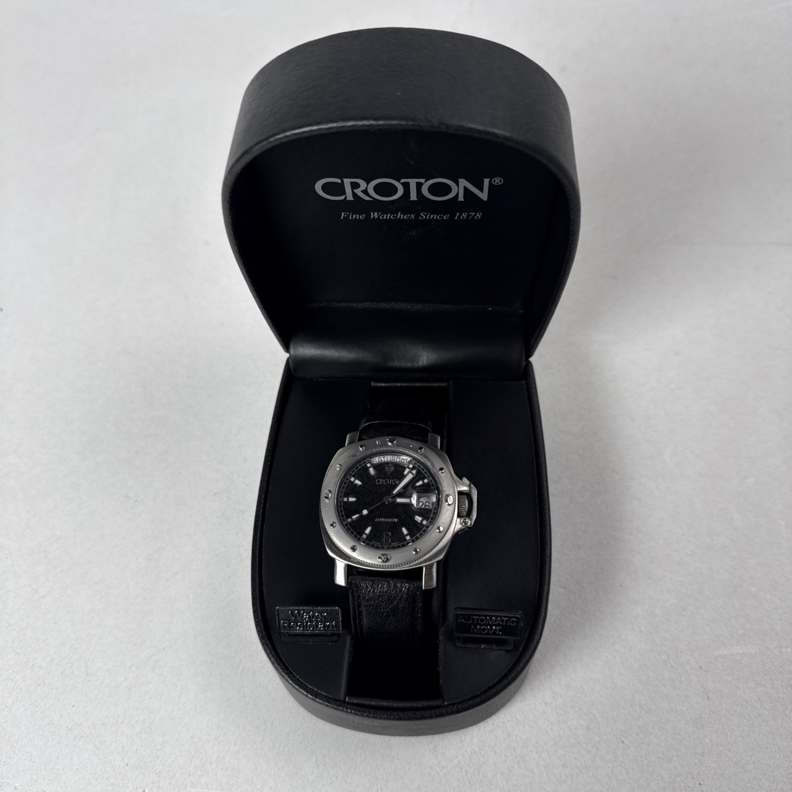 Croton Men\'s Swiss Automatic Sapphire Day Date Ostrich Watch Box Unworn