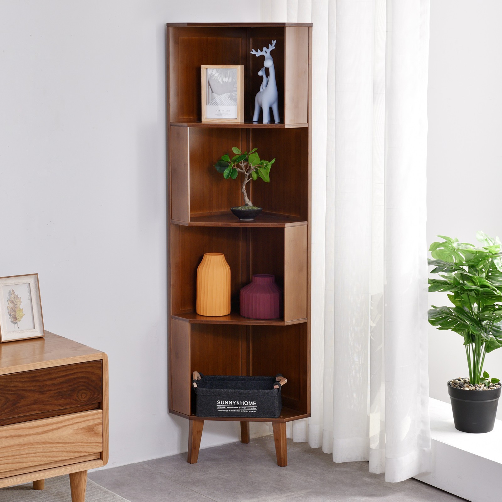 BALANBO 4-Tier Corner Bookshelf Storage Shelf Cabinet Solid Bamboo Space Saving