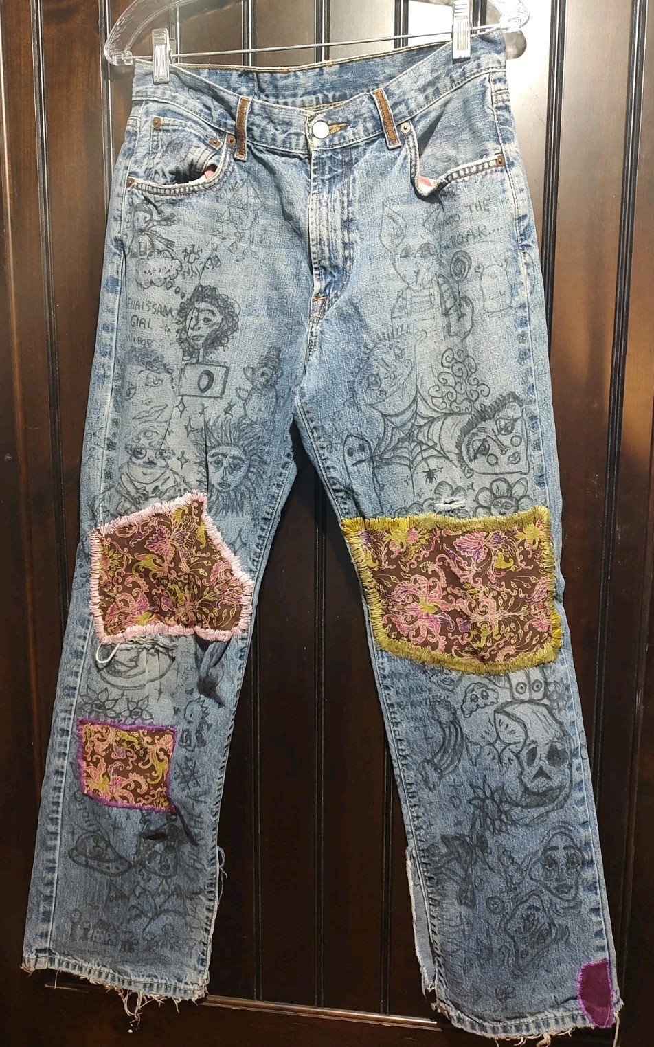 OOAK Custom Upcycled Lucky Brand Jeans Unisex 32x31.5 Hand Drawn Art Patchwork OOAK Custom Upcycled Lucky Brand Jeans Unisex 32x31.5 Hand Drawn Art Patchwork