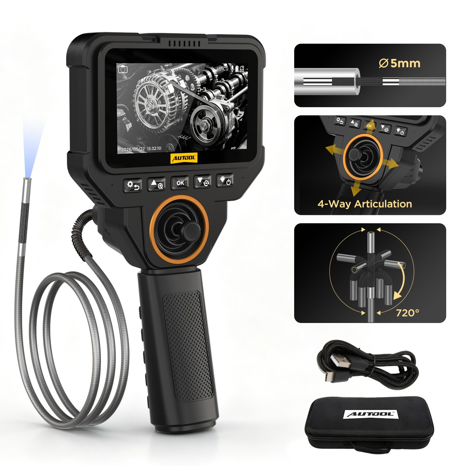 4-Way 720° Endoscope Camera Borescope Articulating Inspection Camera 5mm 4.3\ 4-Way 720° Endoscope Camera Borescope Articulating Inspection Camera 5mm 4.3\
